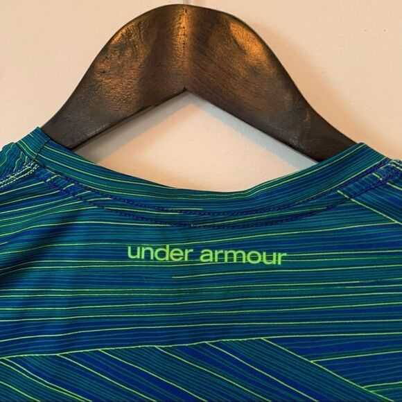 Under Armour Blue Yellow Stripes Fitted Heatgear Round Neck T-shirt - Picture 2 of 8